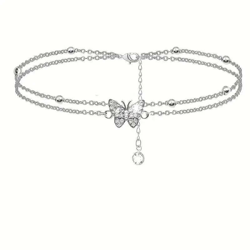 Mother's Day Gift Sparkly Butterfly Double Layers Chain Anklet Versatile Summer Beach Ankle Bracelet White Wedding Foot Ornament-Engravingift
