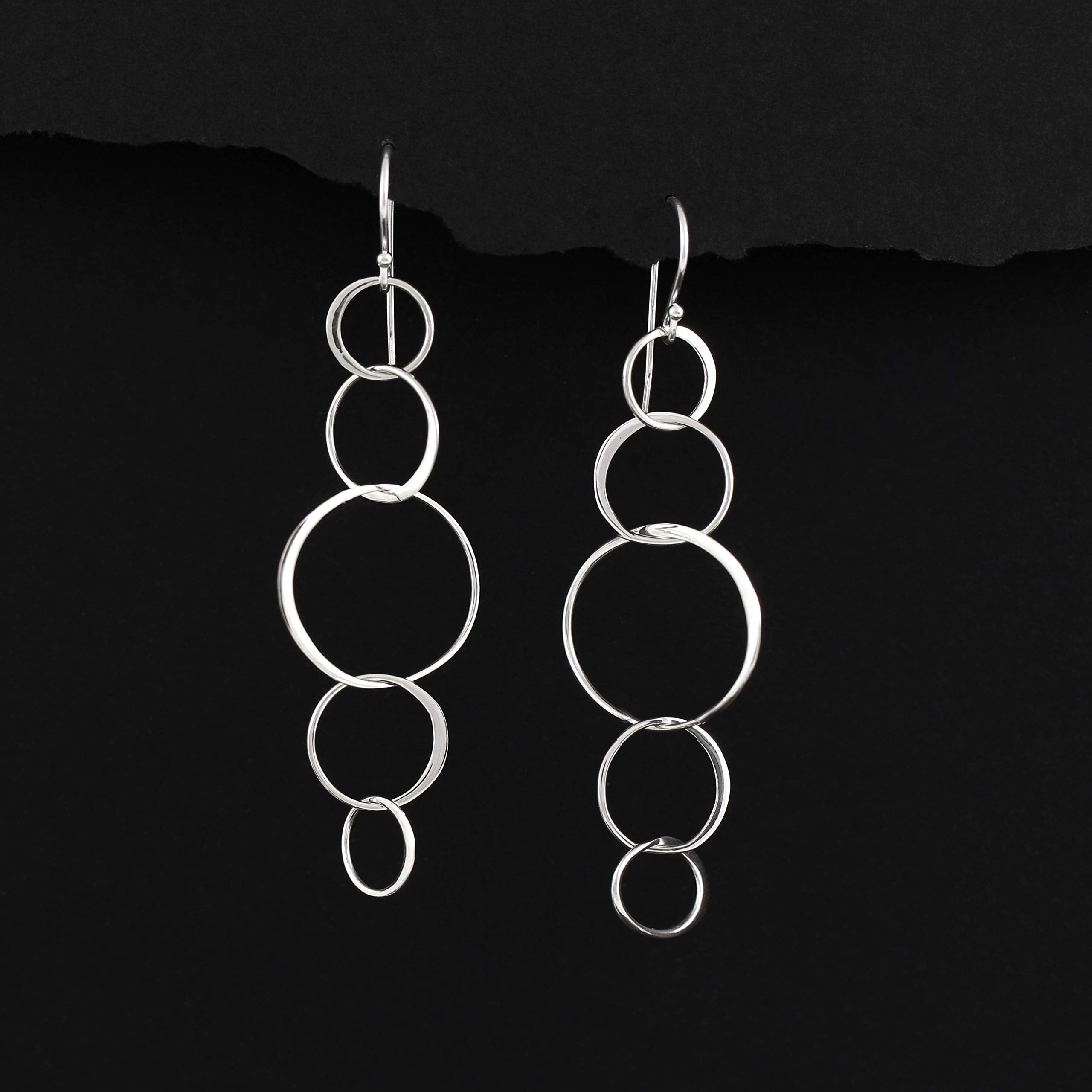 Mother's Day Gift Sterling Silver 5 Connected Circle Earrings, Statement Earrings, Silver Earrings, Long Earrings, Hoop Earrings, Dangle Drop Earrings, Five Rings, Geometric, Simple, Minimalist Jewelry-Engravingift