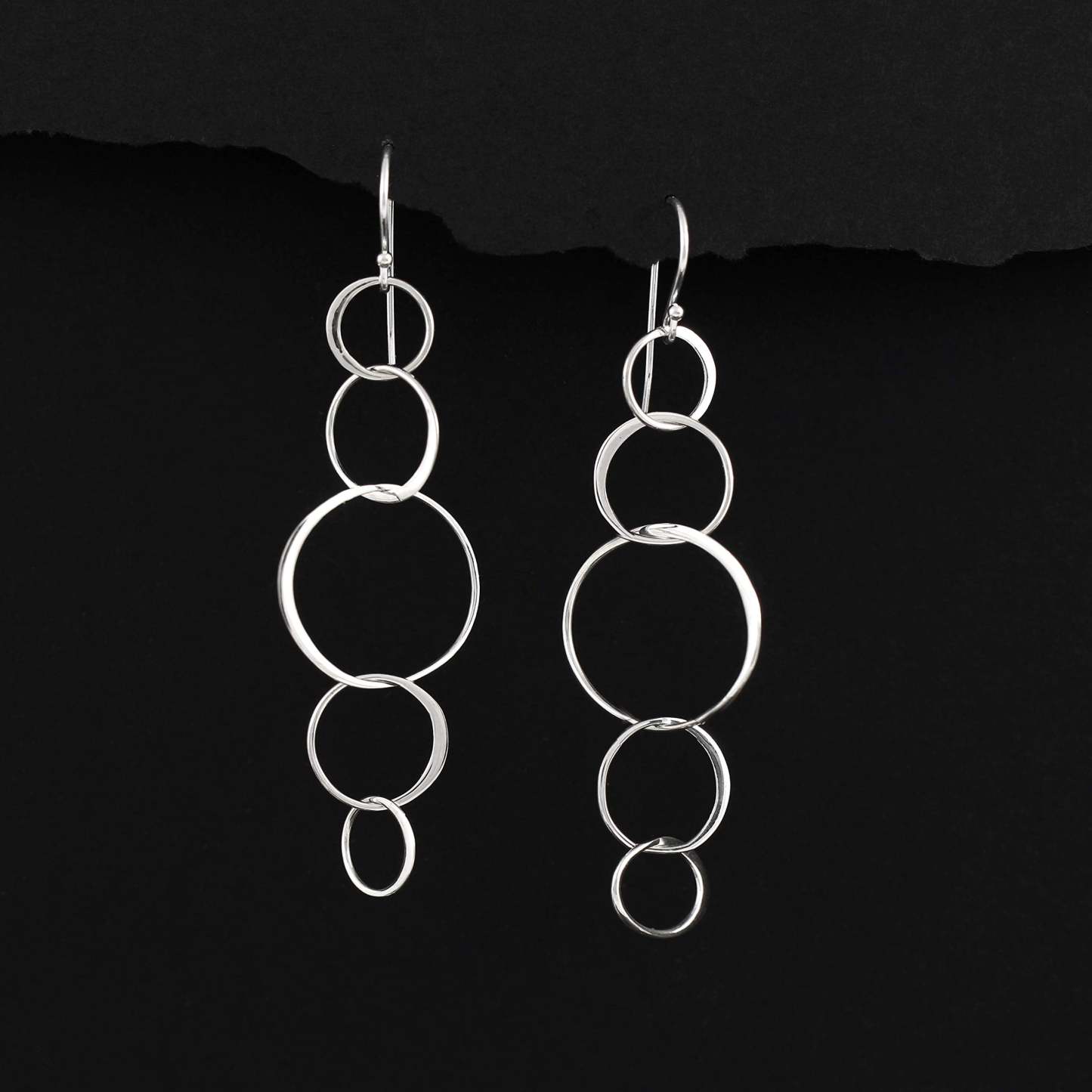 Mother's Day Gift Sterling Silver 5 Connected Circle Earrings, Statement Earrings, Silver Earrings, Long Earrings, Hoop Earrings, Dangle Drop Earrings, Five Rings, Geometric, Simple, Minimalist Jewelry-Engravingift
