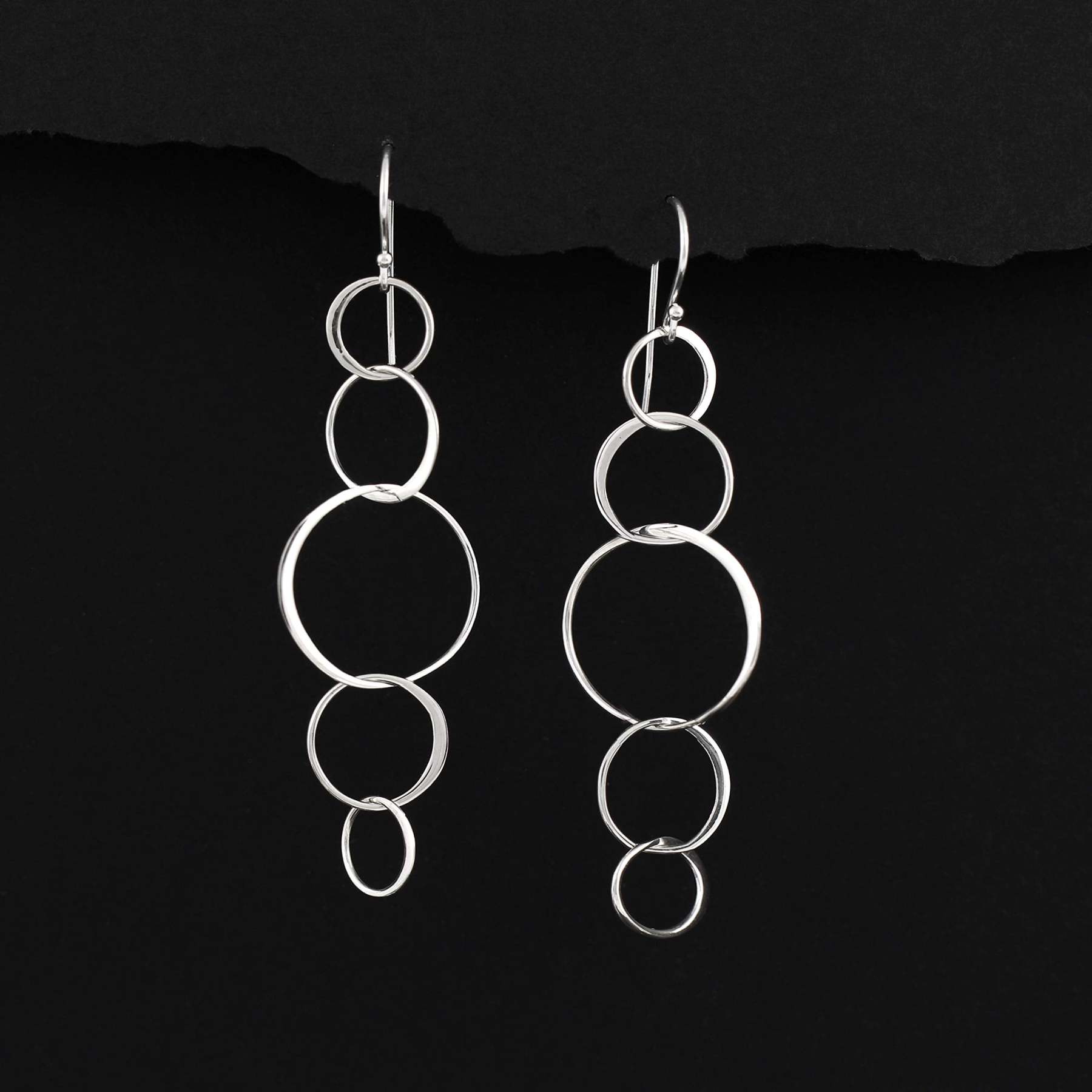 Mother's Day Gift Sterling Silver 5 Connected Circle Earrings, Statement Earrings, Silver Earrings, Long Earrings, Hoop Earrings, Dangle Drop Earrings, Five Rings, Geometric, Simple, Minimalist Jewelry-Engravingift