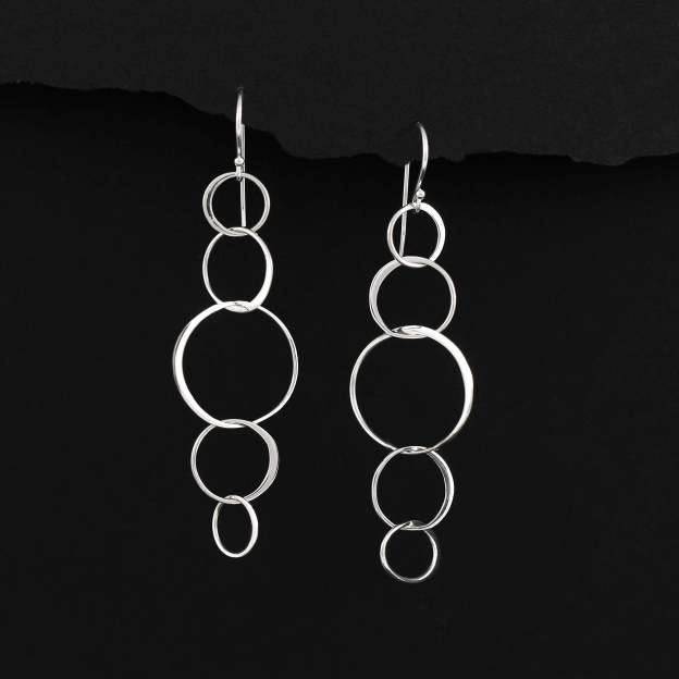 Mother's Day Gift Sterling Silver 5 Connected Circle Earrings, Statement Earrings, Silver Earrings, Long Earrings, Hoop Earrings, Dangle Drop Earrings, Five Rings, Geometric, Simple, Minimalist Jewelry-Engravingift