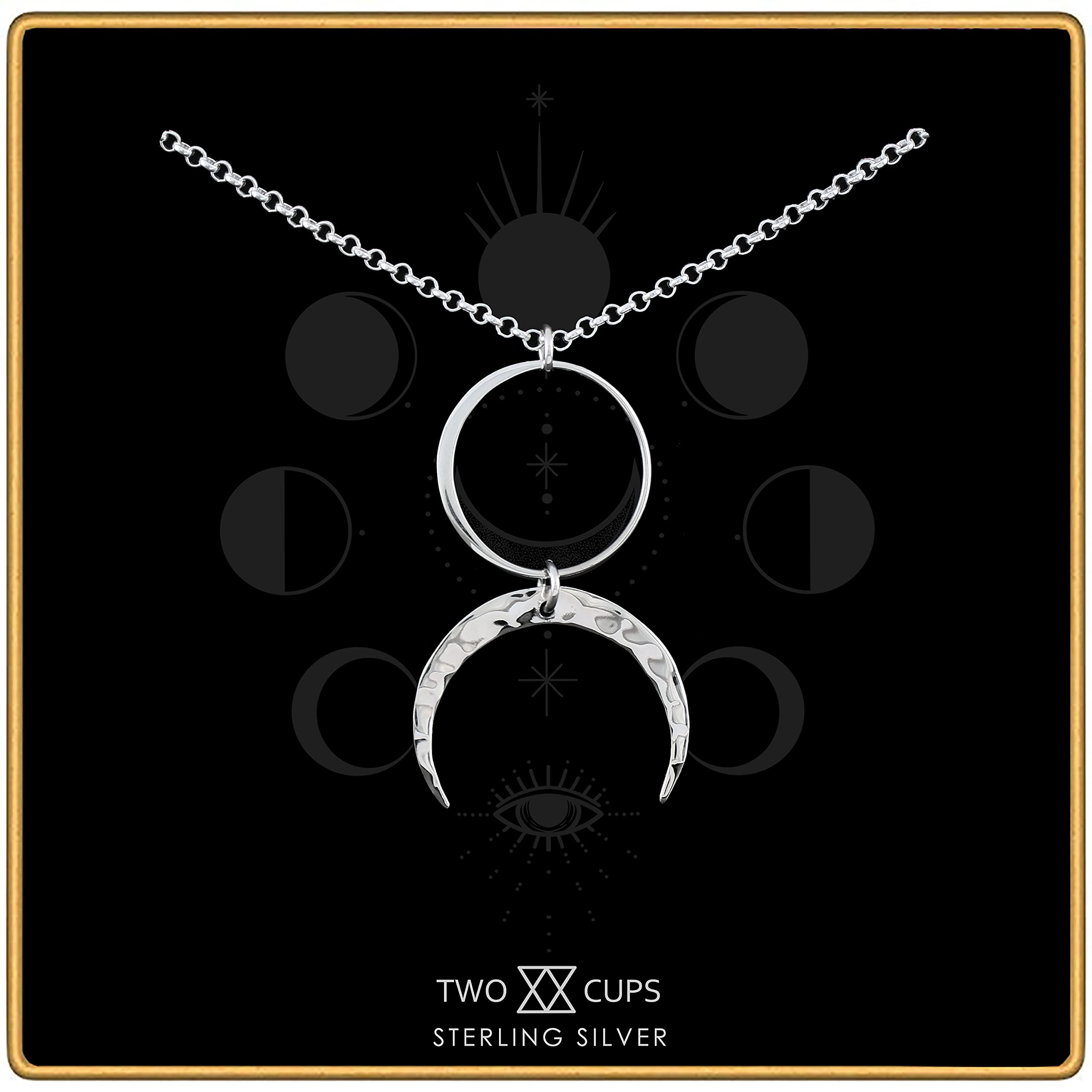 Christmas Gift Two Cups Circle and Hammered Crescent Moon Necklace