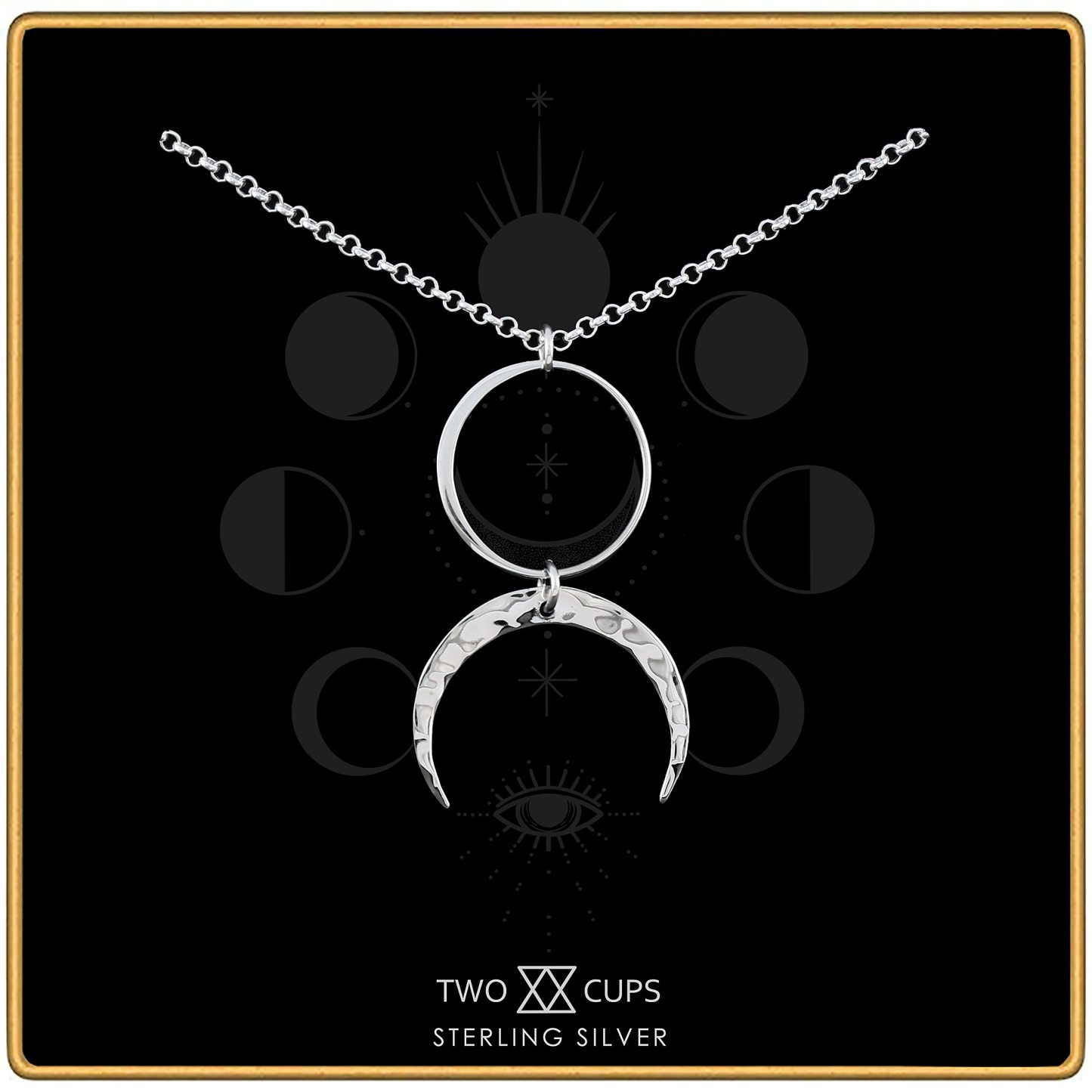 Valentine's Day Gift Two Cups Circle and Hammered Crescent Moon Necklace