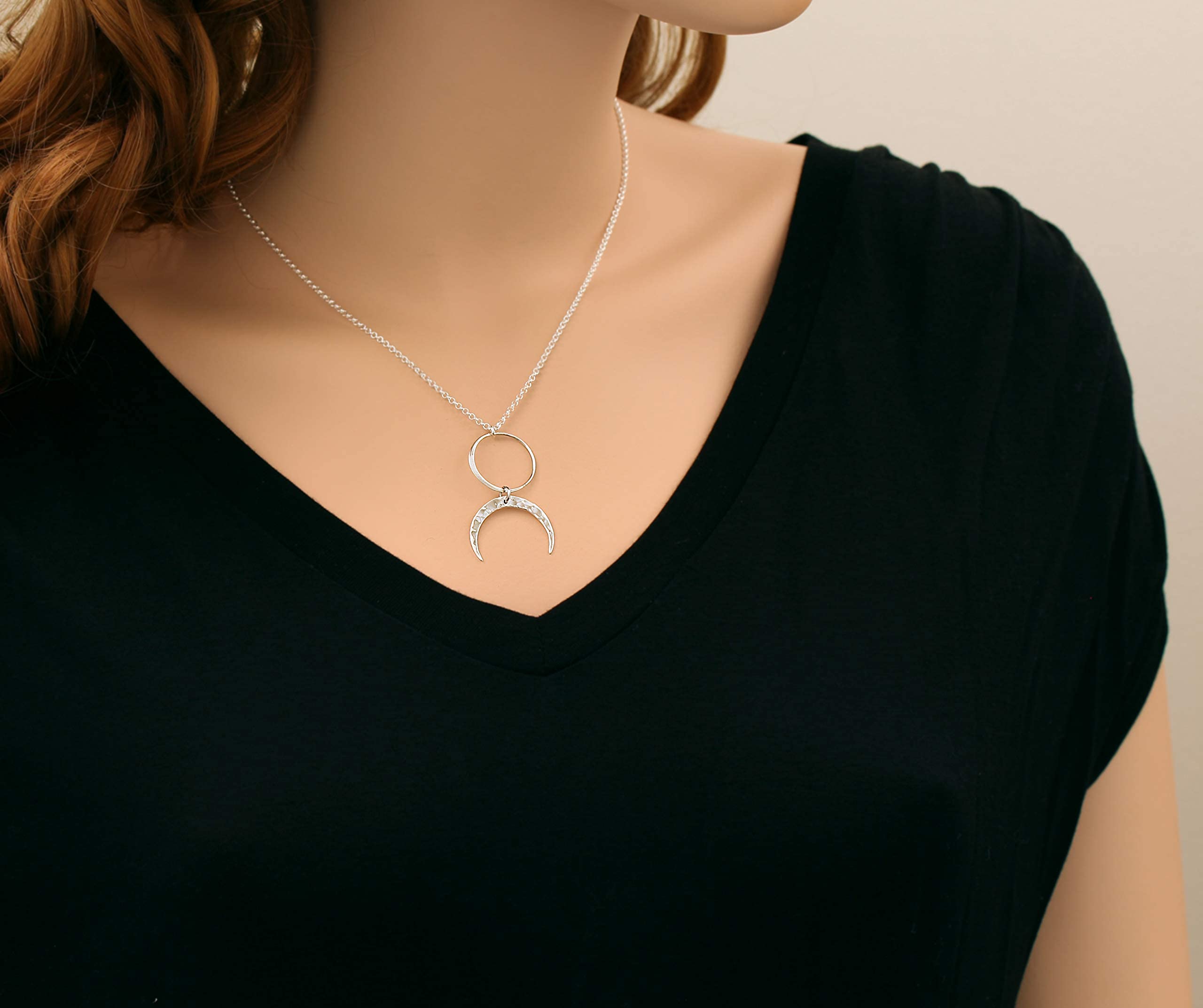 Christmas Gift Two Cups Circle and Hammered Crescent Moon Necklace