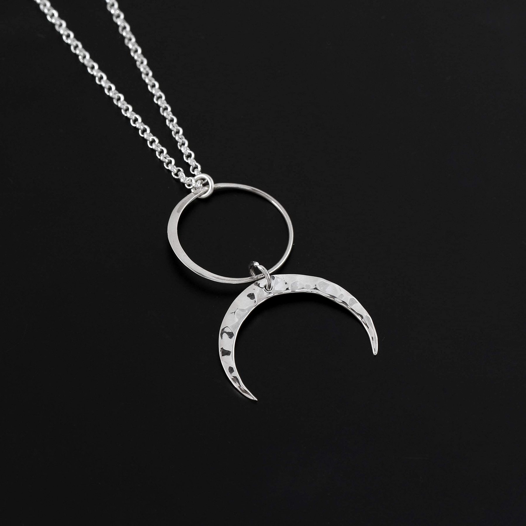 Christmas Gift Two Cups Circle and Hammered Crescent Moon Necklace