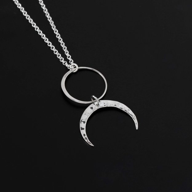 Christmas Gift Two Cups Circle and Hammered Crescent Moon Necklace