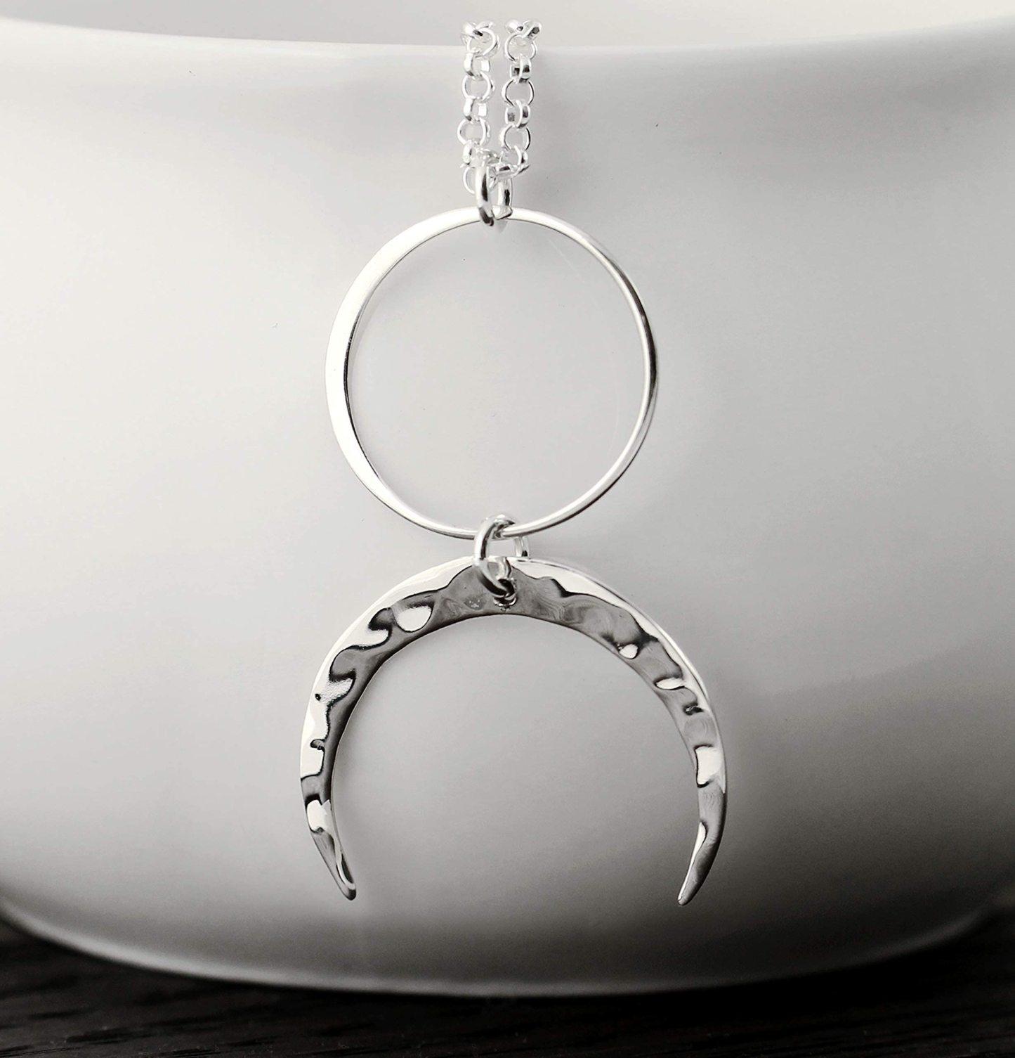 Christmas Gift Two Cups Circle and Hammered Crescent Moon Necklace