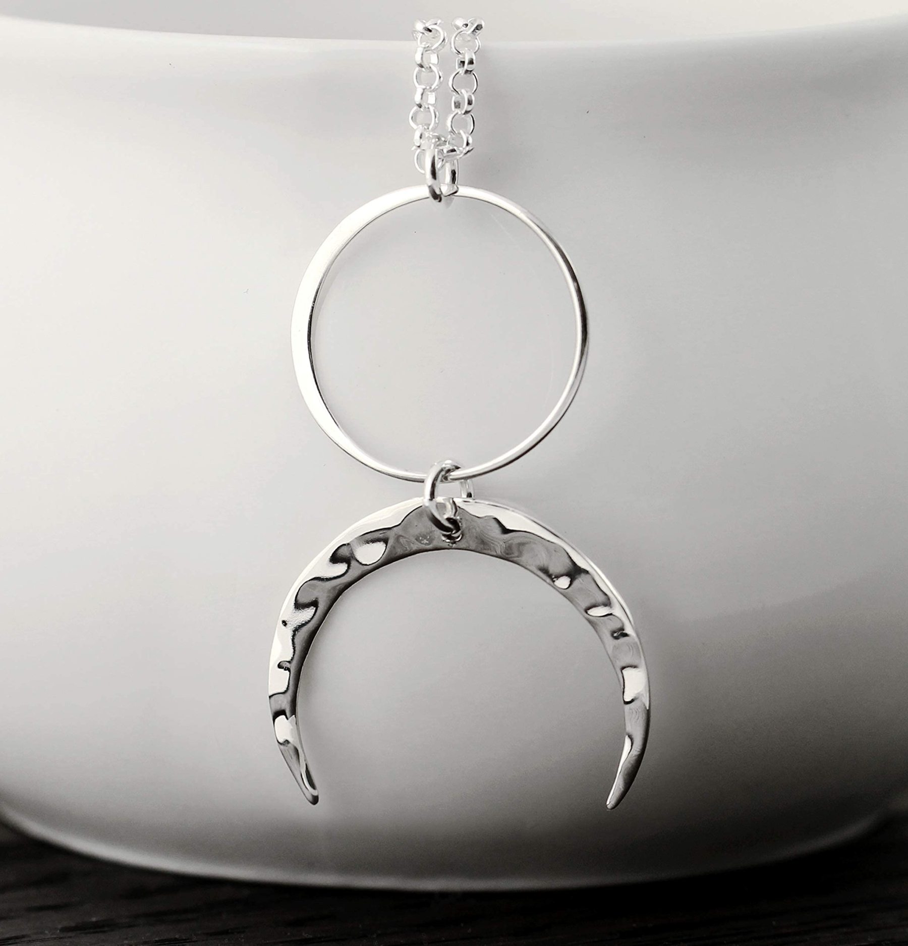 Christmas Gift Two Cups Circle and Hammered Crescent Moon Necklace