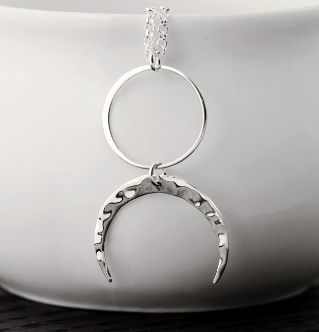 Christmas Gift Two Cups Circle and Hammered Crescent Moon Necklace