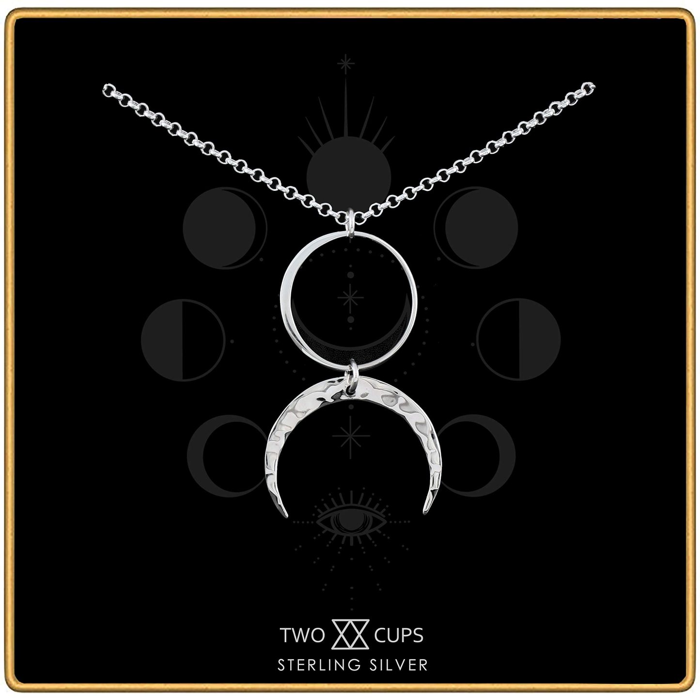 Christmas Gift Two Cups Circle and Hammered Crescent Moon Necklace