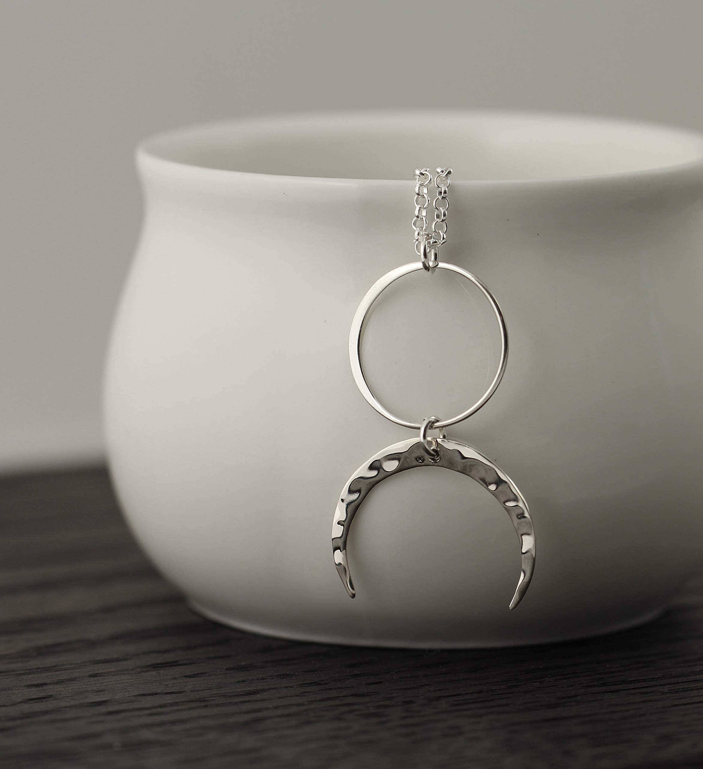 Christmas Gift Two Cups Circle and Hammered Crescent Moon Necklace