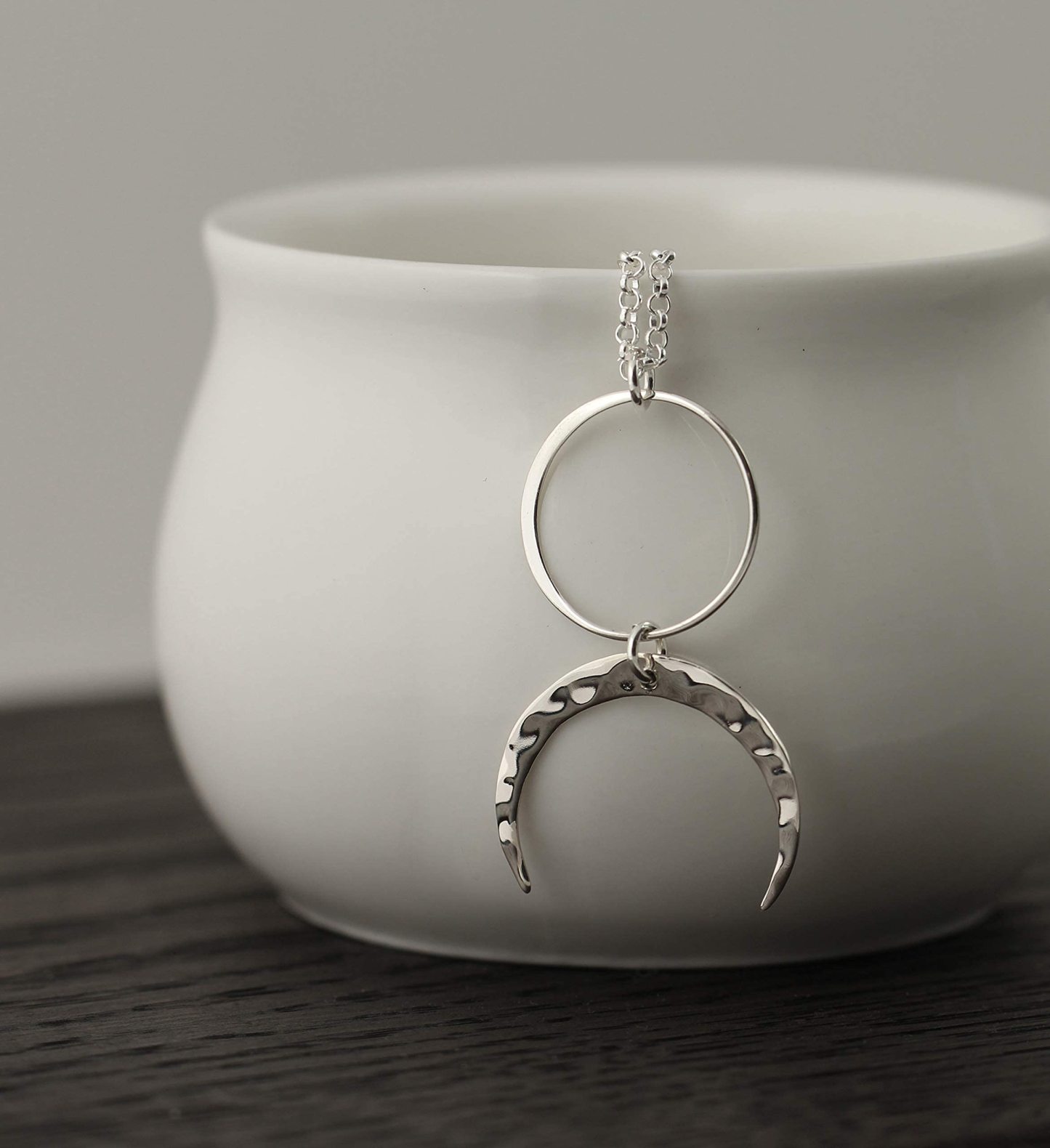 Christmas Gift Two Cups Circle and Hammered Crescent Moon Necklace