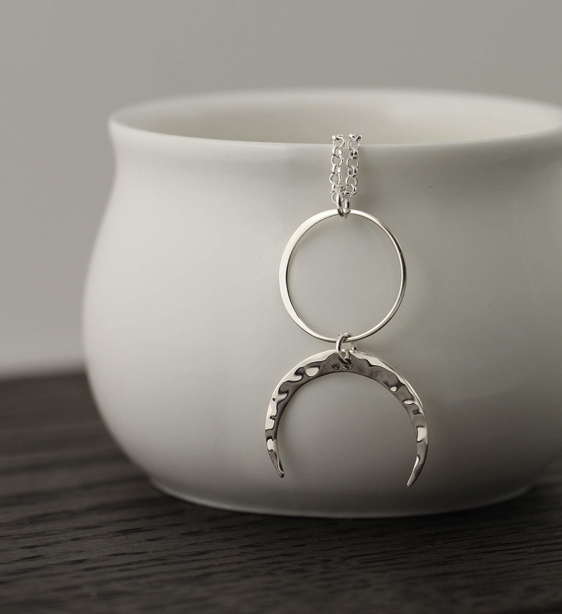 Christmas Gift Two Cups Circle and Hammered Crescent Moon Necklace