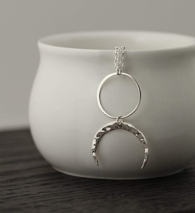 Christmas Gift Two Cups Circle and Hammered Crescent Moon Necklace