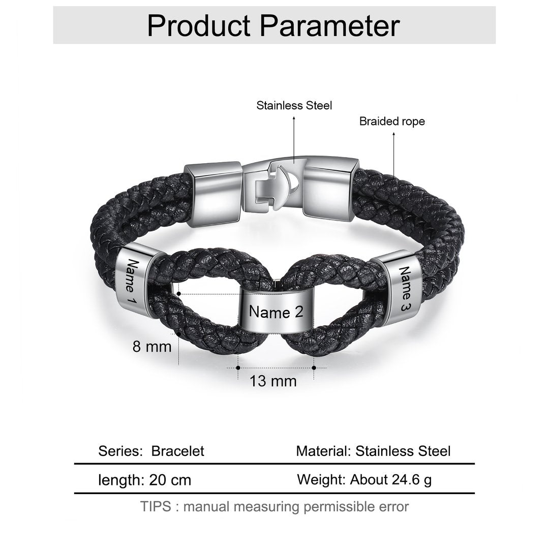 Christmas Gift Braided Leather Bracelet With Beads Engraved Names