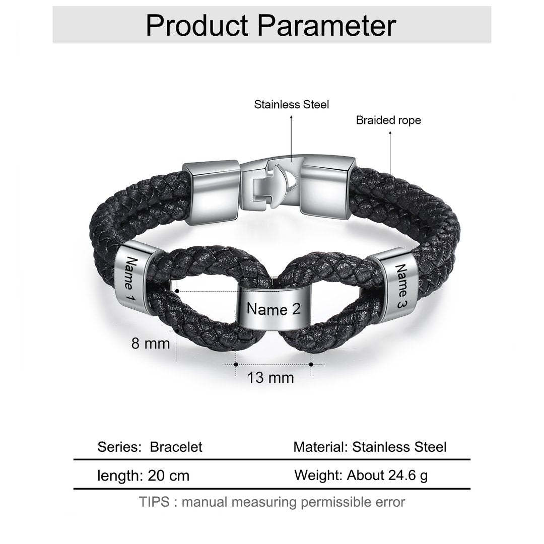 Christmas Gift Braided Leather Bracelet With Beads Engraved Names