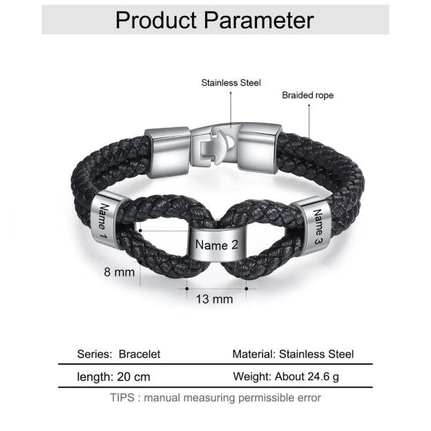 Christmas Gift Braided Leather Bracelet With Beads Engraved Names