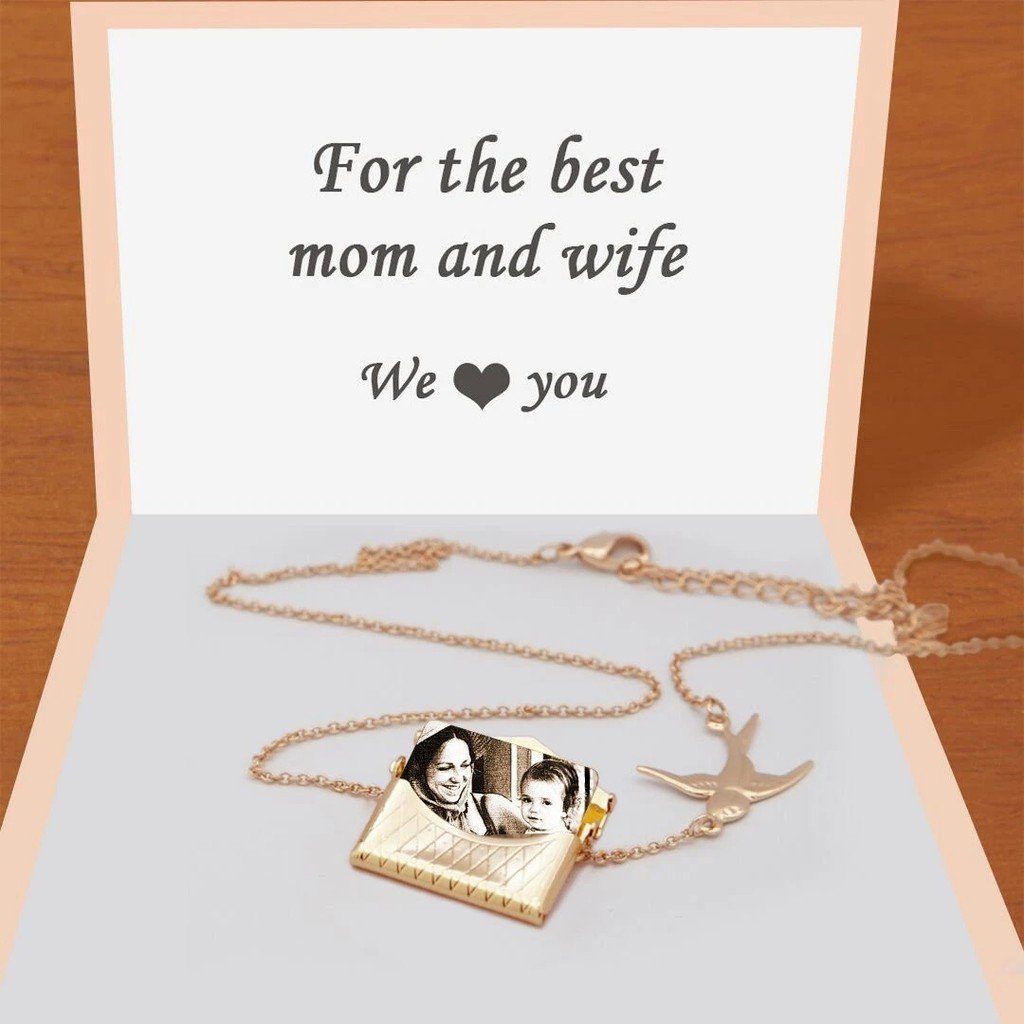 Christmas Gift Personalized Photo Envelope Necklace with Bird