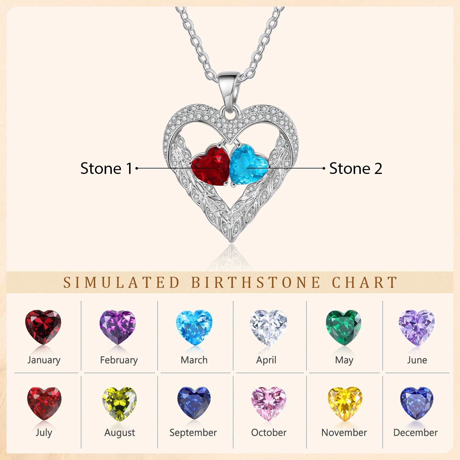 Mother's Day Gift Heart Feather Necklace with 2 Birthstones Birthday Gift for Women-Engravingift