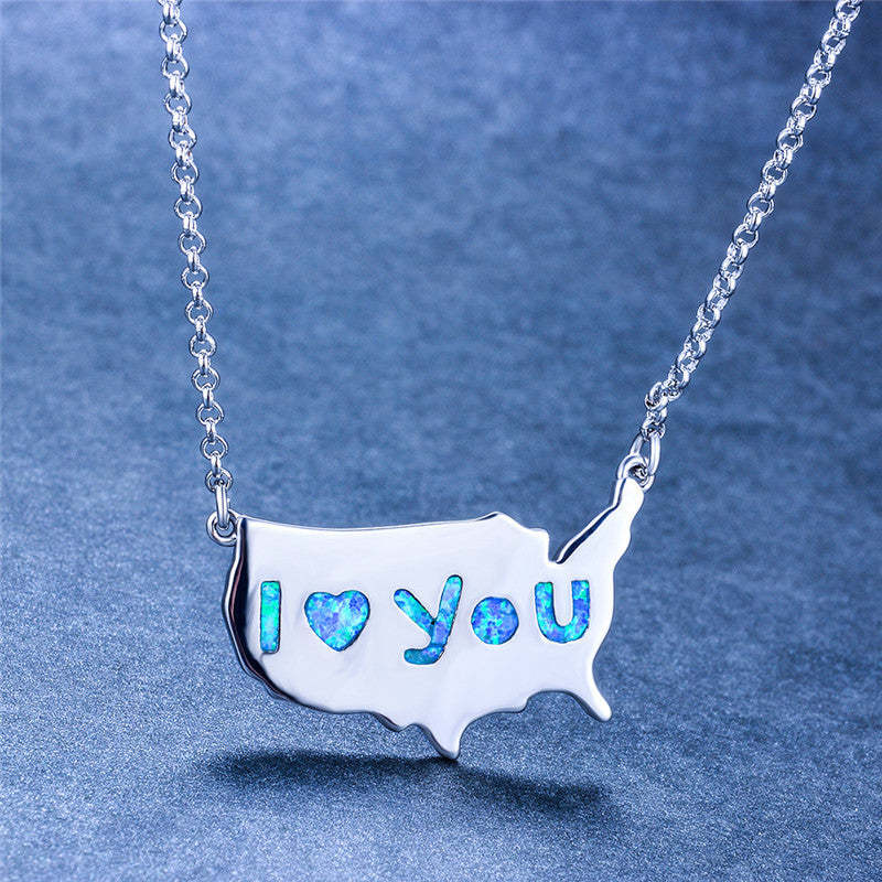 Mother's Day Gift Blue Opal America Map Necklace Birthday Gifts for Women-Engravingift