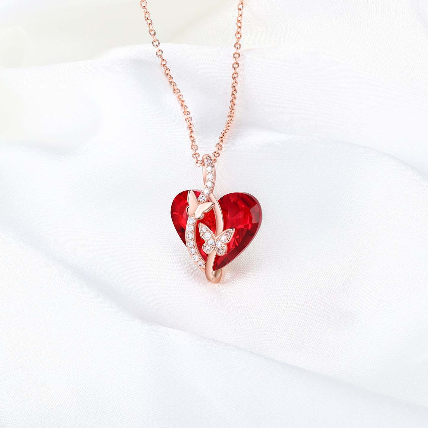 Christmas Gift Heart Red Crystal Necklace Butterfly Ruby Necklace for Her