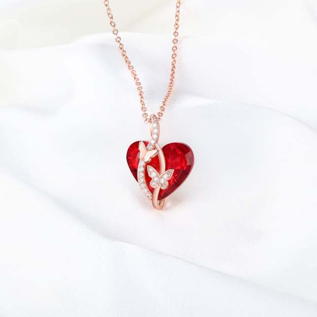 Christmas Gift Heart Red Crystal Necklace Butterfly Ruby Necklace for Her