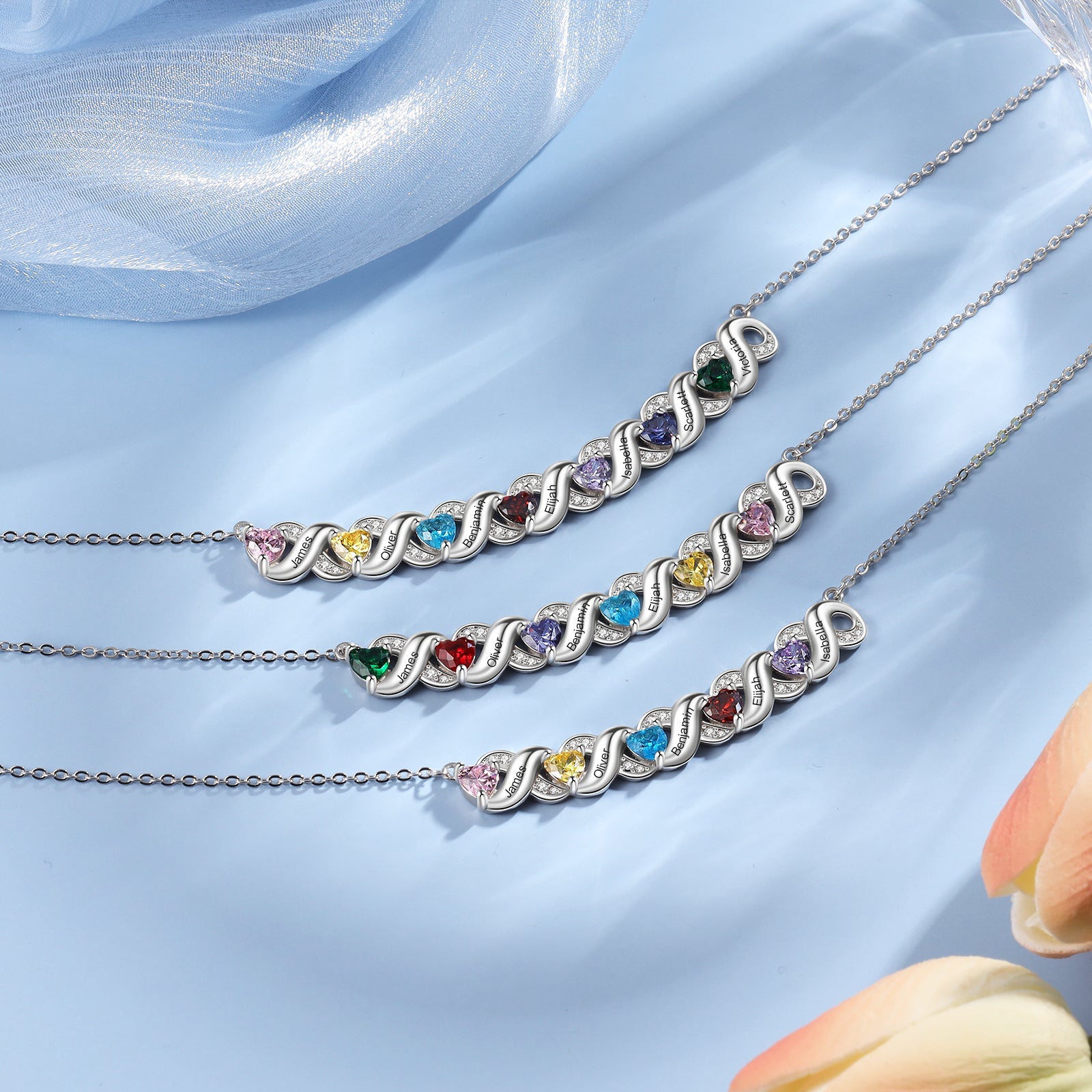 Christmas Gift Personalized Heart Birthstone Necklace Engraved 7 Names Birthday Gift for Mother