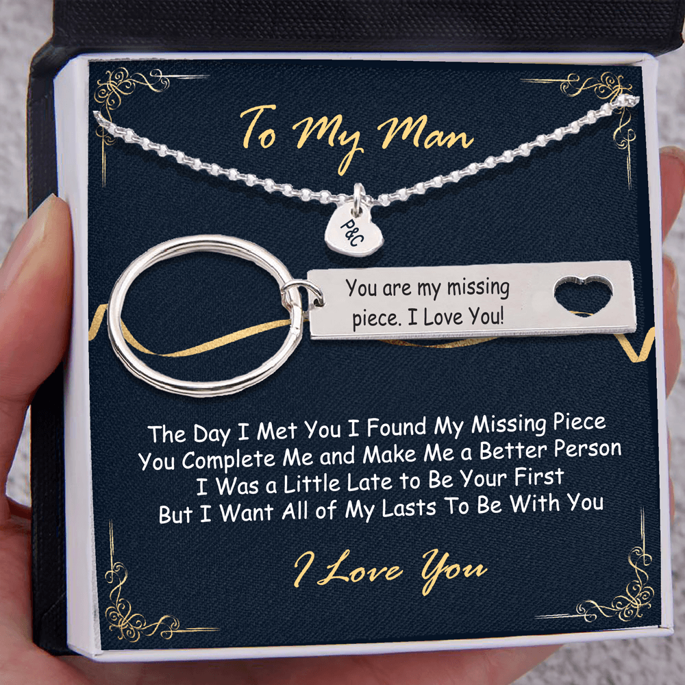 Christmas Gift To My Man Heart Necklace Keychain Gift Set for Him "You Are My Missing Piece"