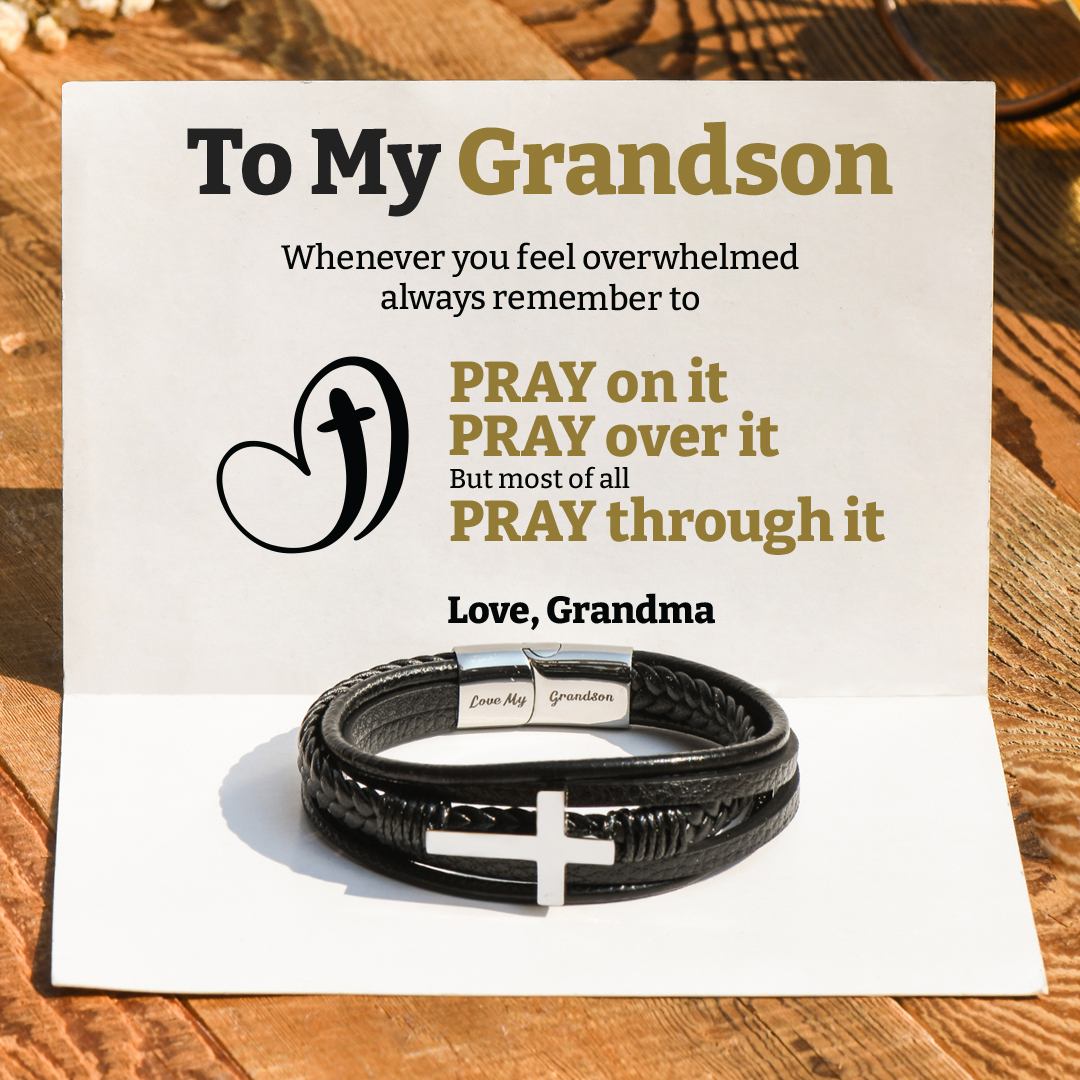 Christmas Gift To My Grandson Cross Braided Leather Bracelet "Pray Through It"