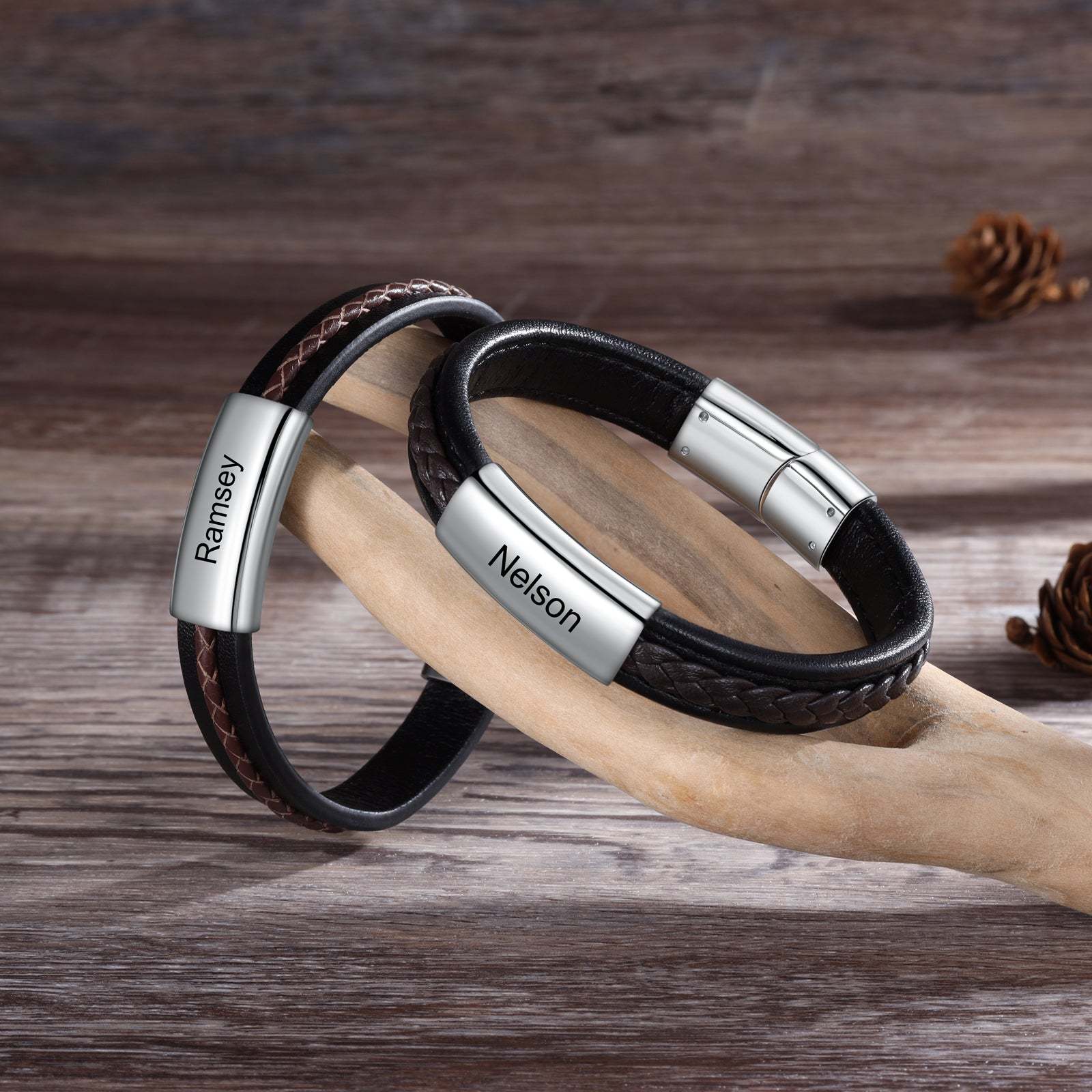 Christmas Gift Men Leather Bracelet Personalized Name ID Bar Bracelet for Him