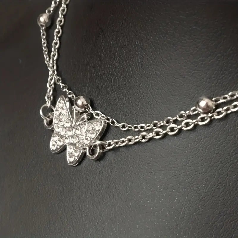 Mother's Day Gift Sparkly Butterfly Double Layers Chain Anklet Versatile Summer Beach Ankle Bracelet White Wedding Foot Ornament-Engravingift