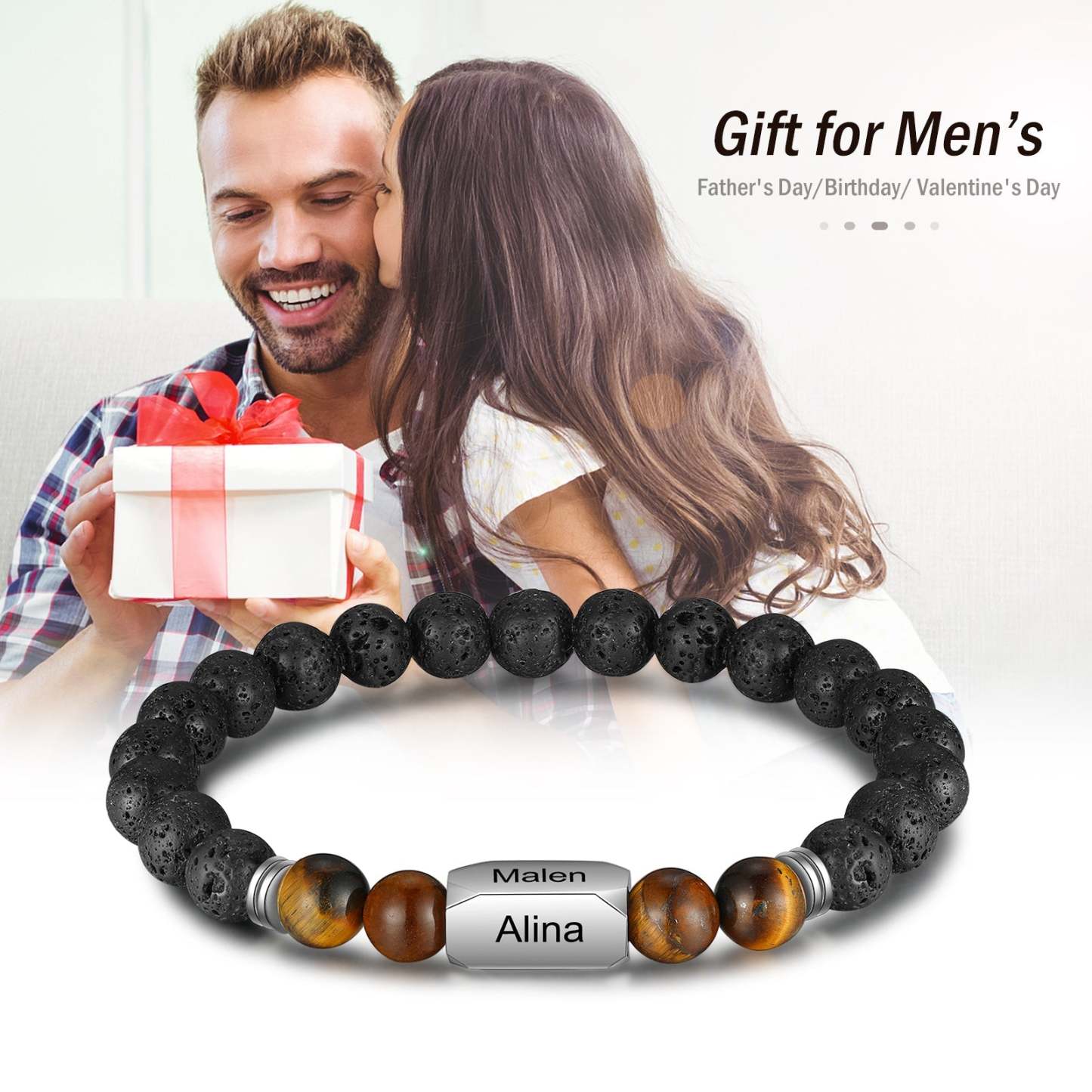 Christmas Gift Personalized Black Onyx Bracelet Engraves 4 Names Beads Warp Bracelet