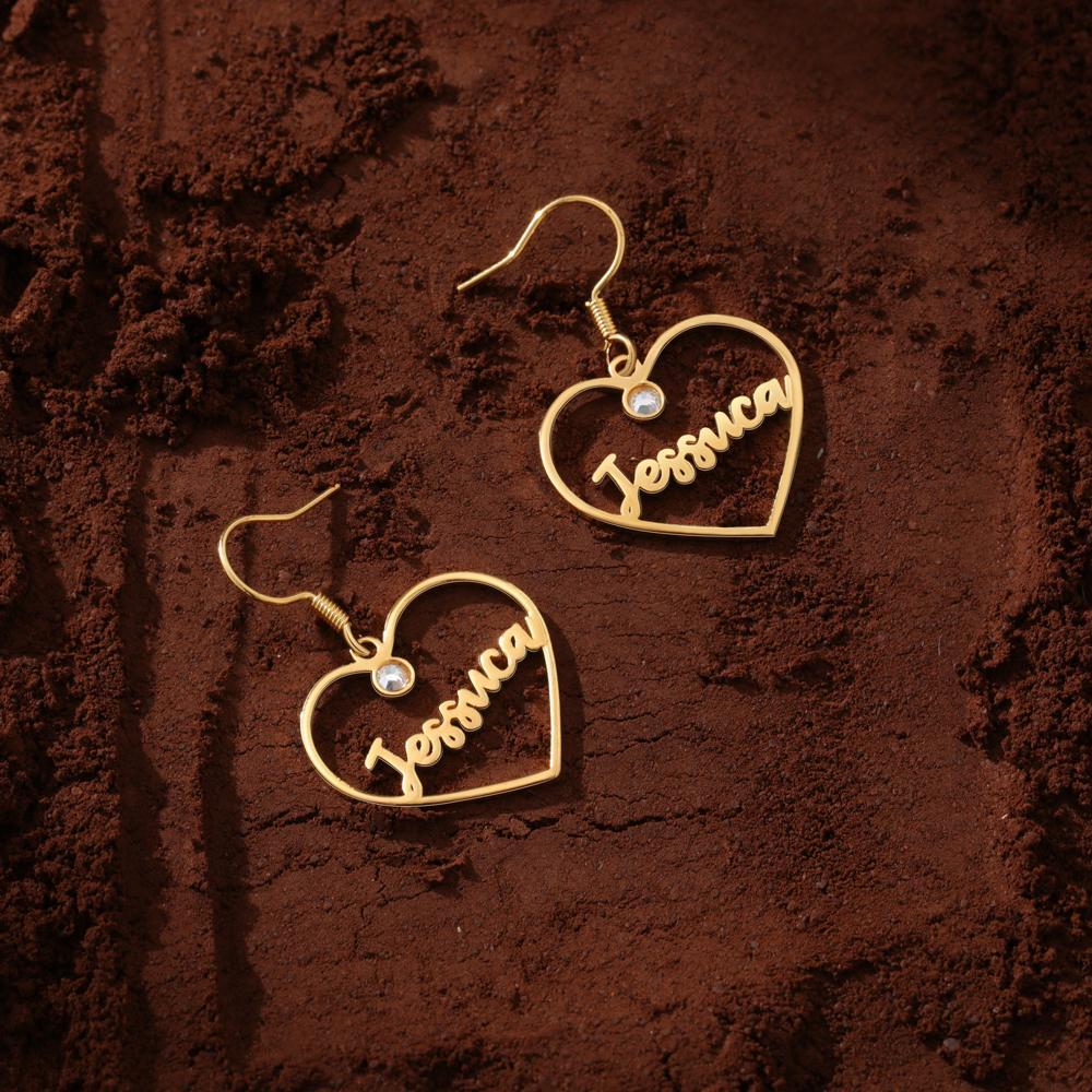 Mother's Day Gift Heart Personalized Name Earrings Custom Drop Earrings With Birthstone-Engravingift