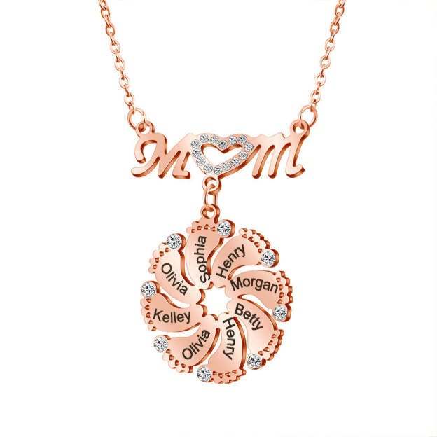 Mother's Day Gift Mom Circle Pendant with Custom Diamond Baby Feet Necklace-Engravingift