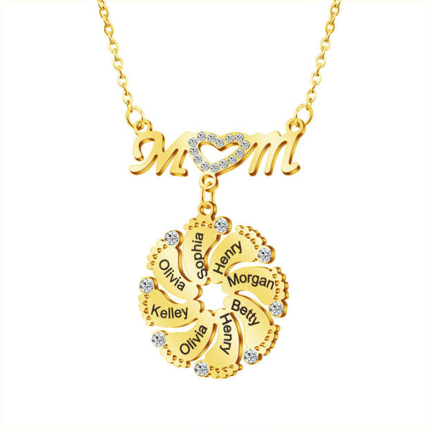 Mother's Day Gift Mom Circle Pendant with Custom Diamond Baby Feet Necklace-Engravingift