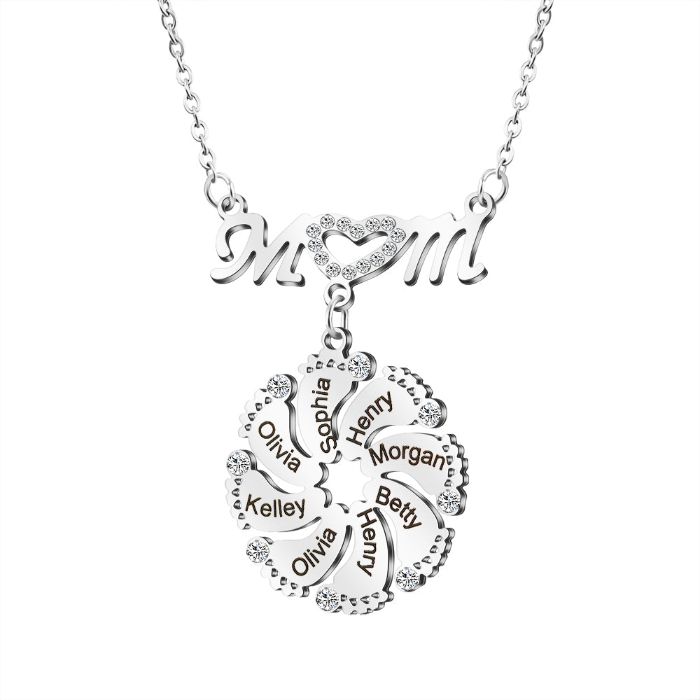 Mother's Day Gift Mom Circle Pendant with Custom Diamond Baby Feet Necklace-Engravingift