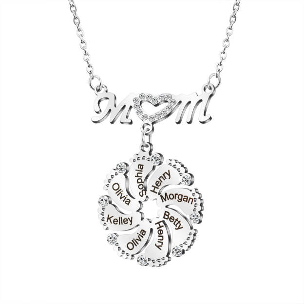 Mother's Day Gift Mom Circle Pendant with Custom Diamond Baby Feet Necklace-Engravingift