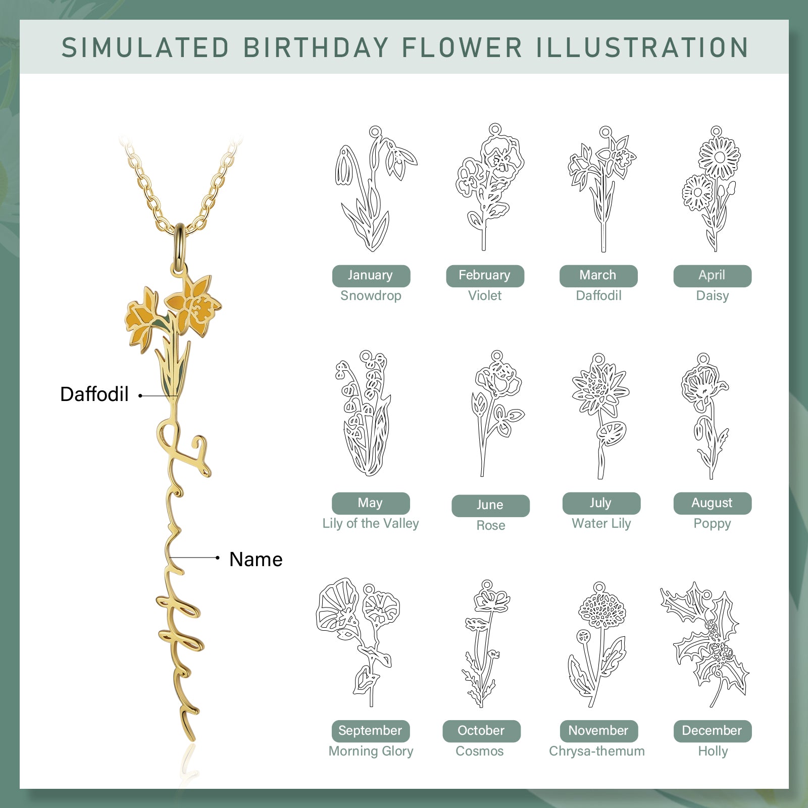 Mother's Day Gift Daffodil Name Necklace Custom March Birth Flower Necklace for Her-Engravingift