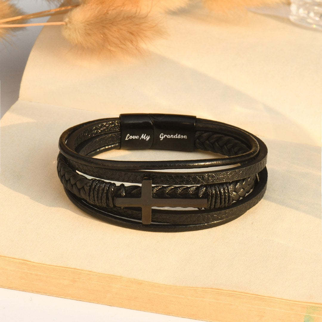 Christmas Gift To My Grandson Cross Braided Leather Bracelet "Pray Through It"