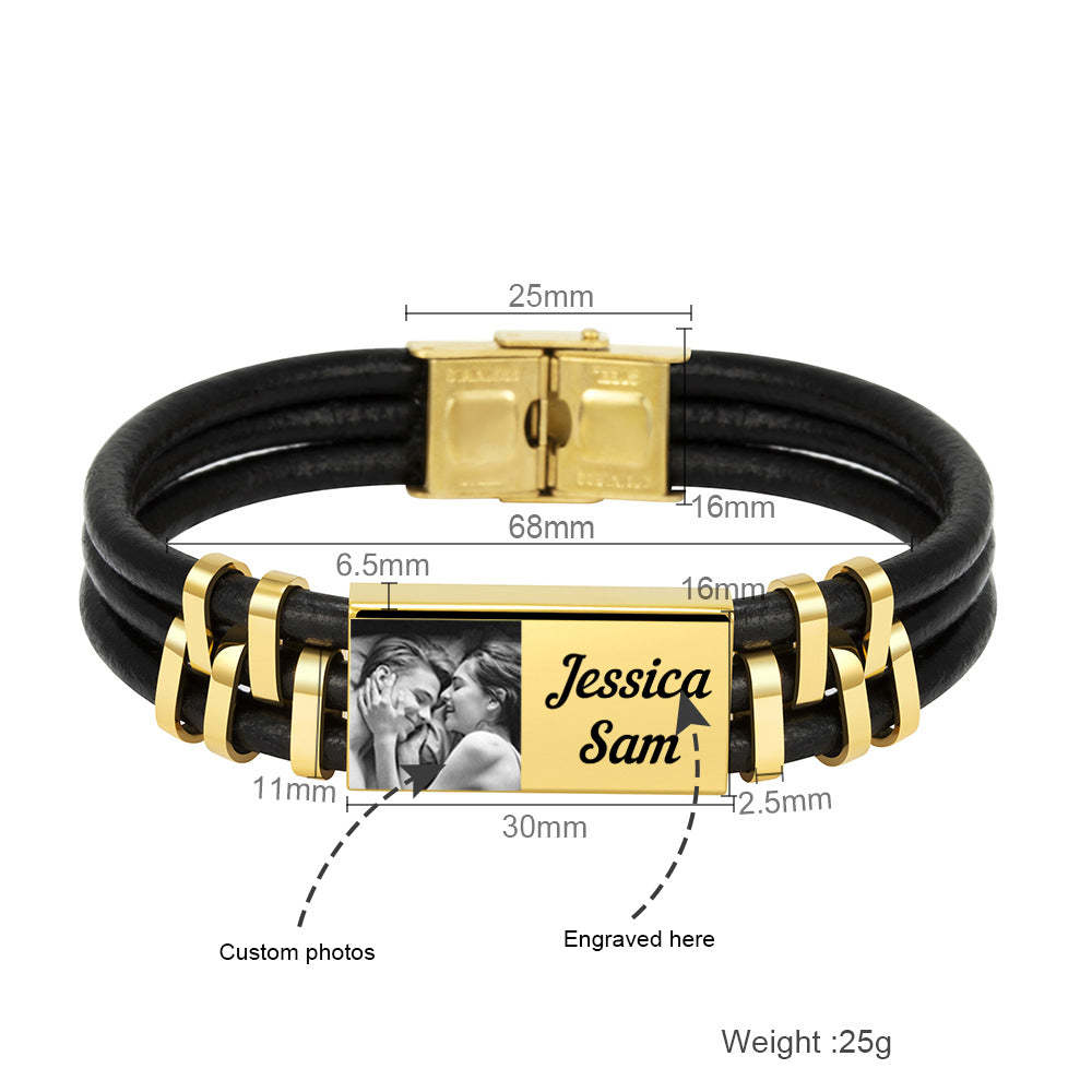 Christmas Gift Personalized Photo Bracelet in Gold ID Bar Leather Bracelet Father's Day Gift