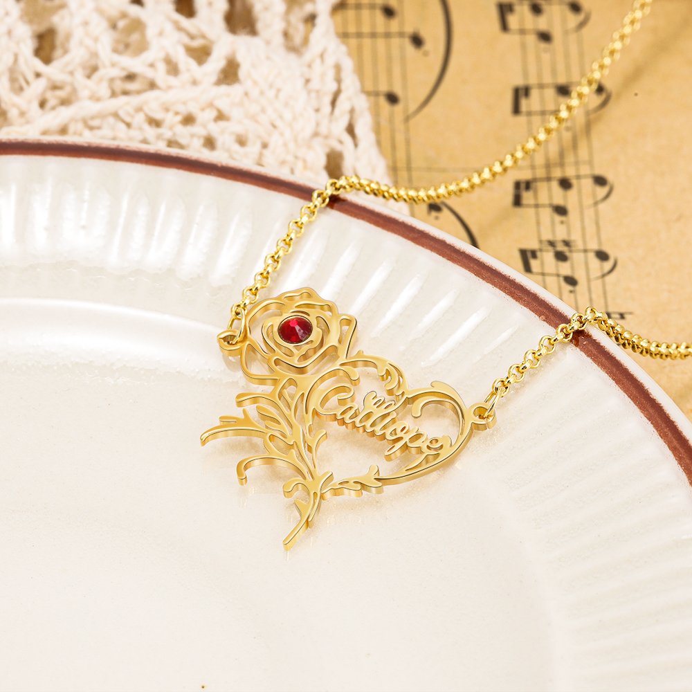 Mother's Day Gift Name Necklace Rose With Birthstone Heart Shape Personalized Name Necklaces-Engravingift