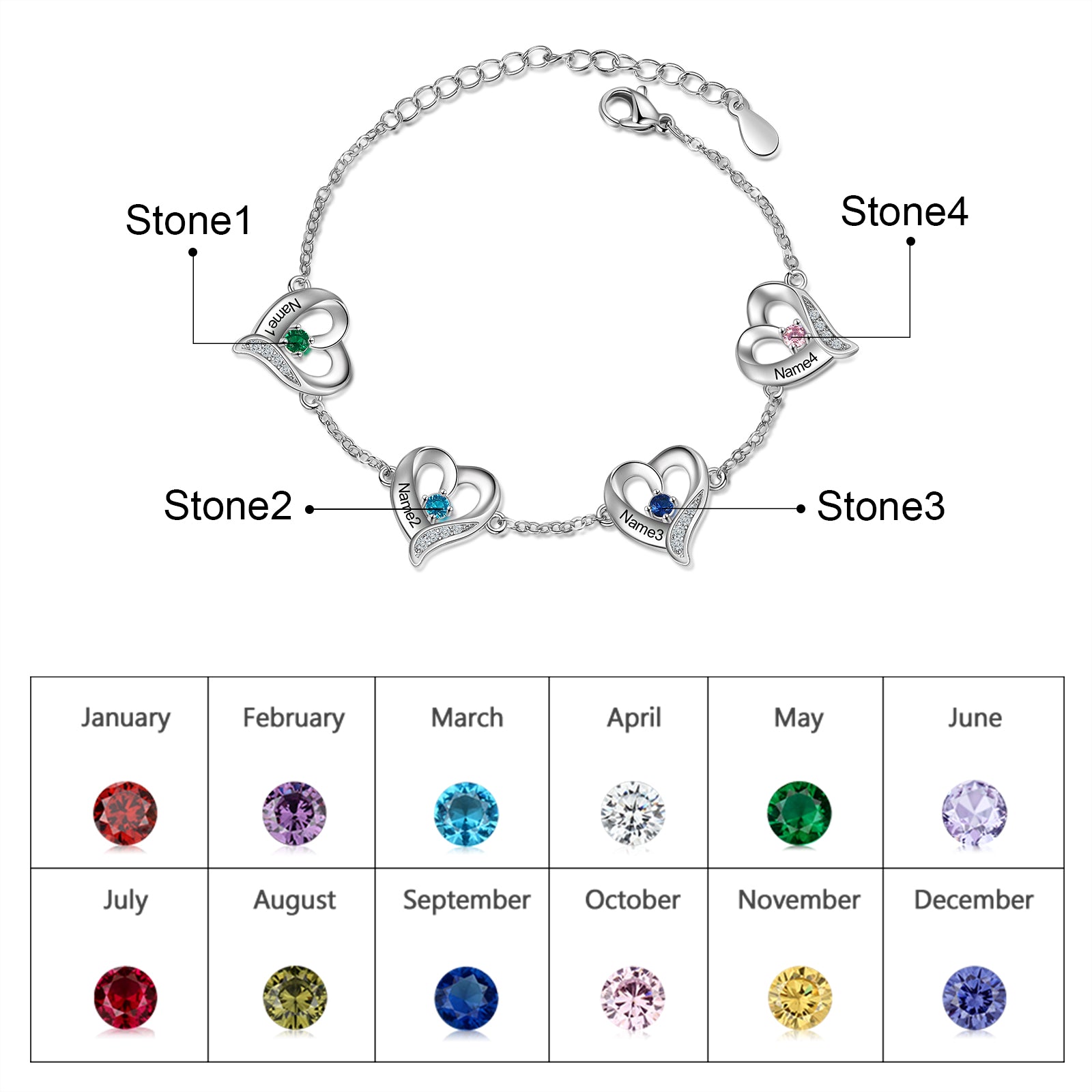 Mother's Day Gift Personalized Heart Charm Bracelet Custom 4 Birthstones Bracelet for Her-Engravingift