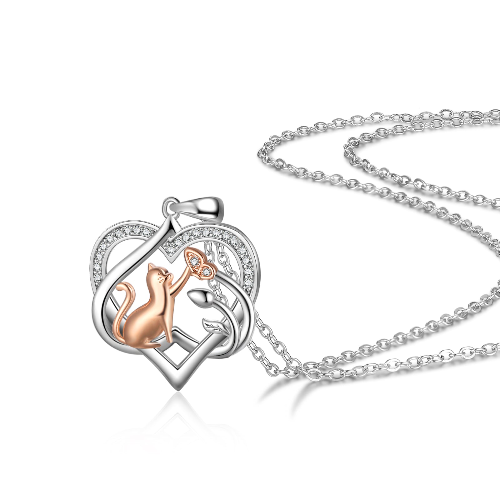 Mother's Day Gift Heart Cat Pendant Necklace with Diamond Cat Lover Birthday Gift-Engravingift