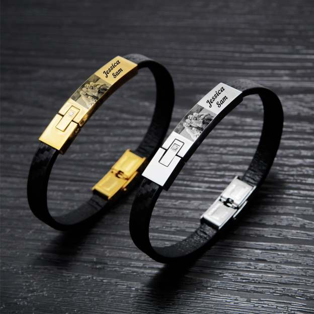 Christmas Personalized Leather Bracelet with Name and Photo Bracelet for Husband-Engravingift