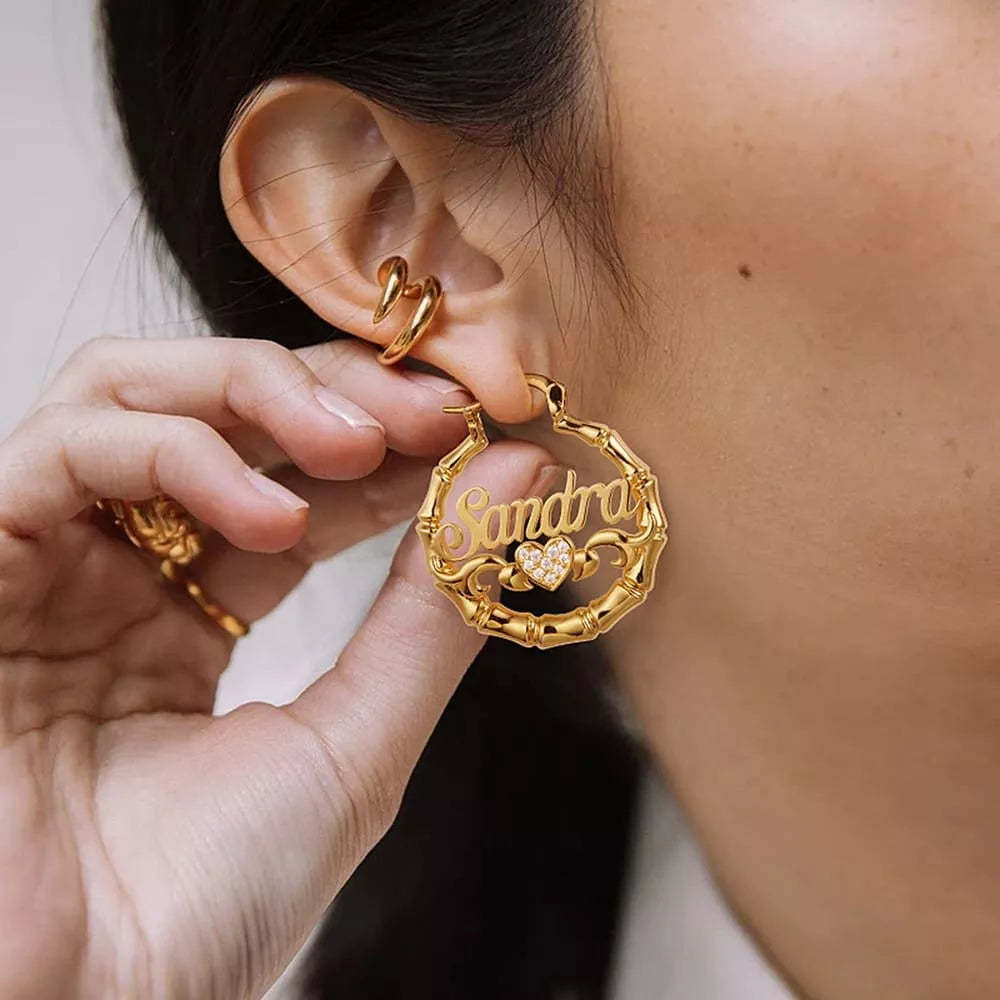 Mother's Day Gift Personalized Name Earrings Custom Bamboo Hoop Earrings for Women-Engravingift