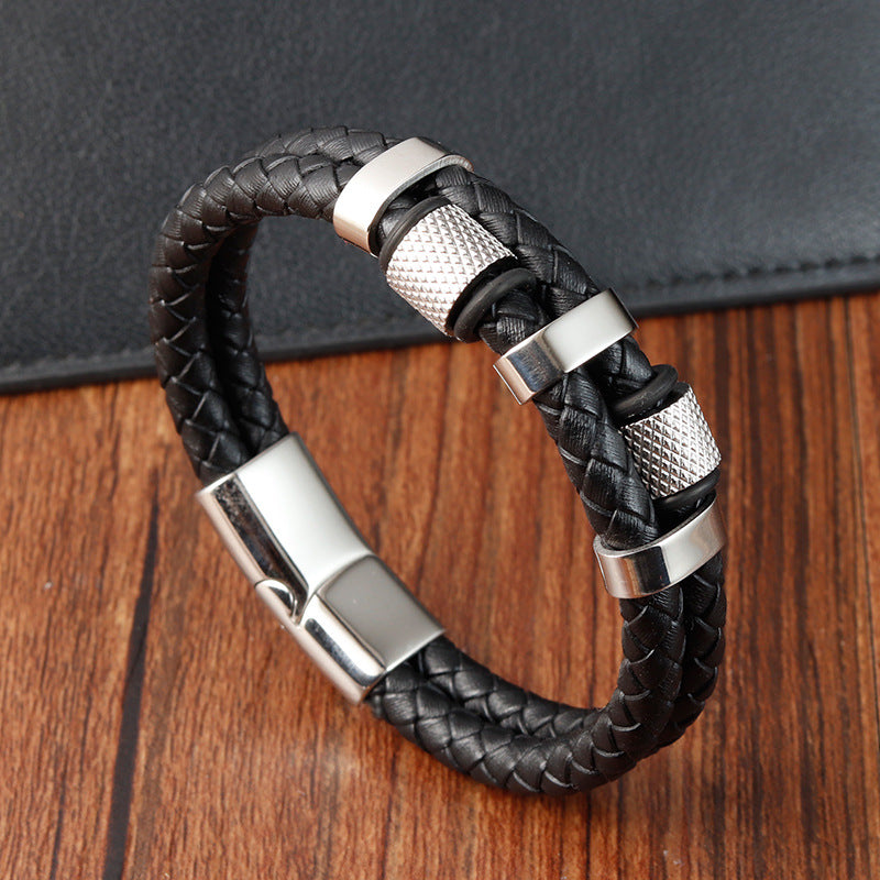 Father's Day Gift Men Braided Leather Bracelets Layered Beads Bracelets with Magnetic Clasp Gifts for Him-Engravingift