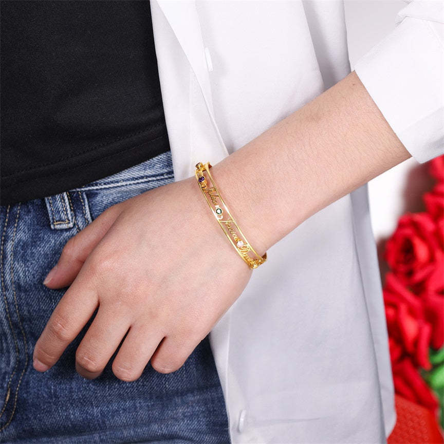 Mother's Day Gift Personalized Name Bangle Bracelet Custom 4 Names and 5 Birthstones Bracelet for Her-Engravingift