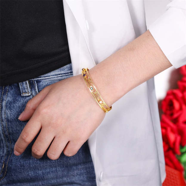 Mother's Day Gift Personalized Name Bangle Bracelet Custom 4 Names and 5 Birthstones Bracelet for Her-Engravingift