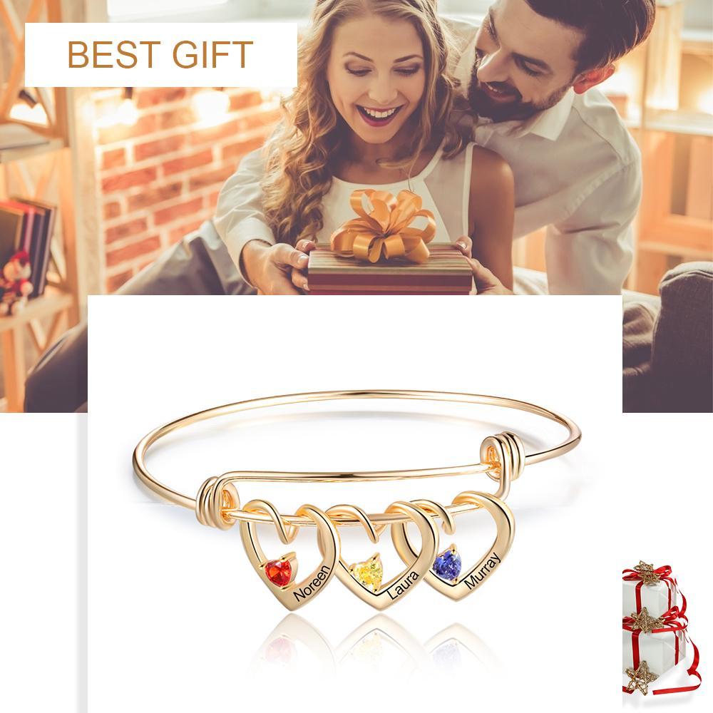 Mother's Day Gift Heart Pendants Bangle Bracelet with 3 Names and Birthstones Gifts for Mom-Engravingift