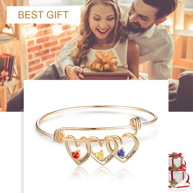 Mother's Day Gift Heart Pendants Bangle Bracelet with 3 Names and Birthstones Gifts for Mom-Engravingift